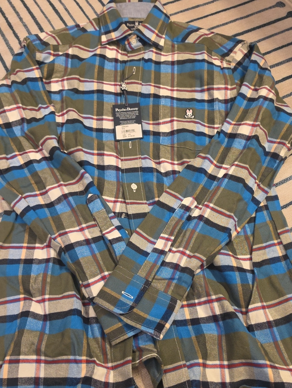 Psycho Bunny Flannel Olive, Blue & White Plaid Button-Down Shirt